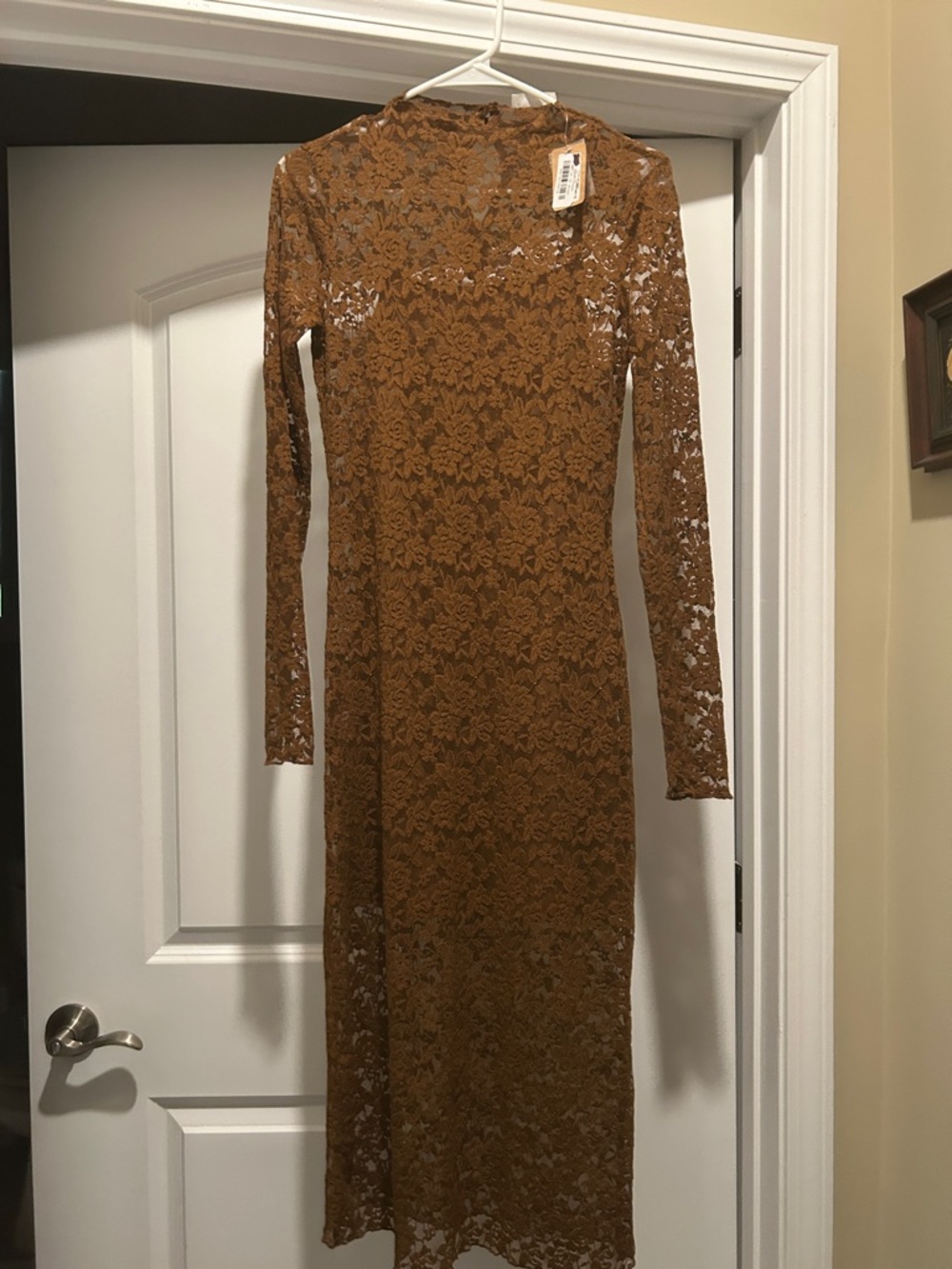 Long Sleeve Lace Midi Dress in Brown